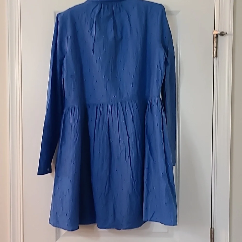 A sky blue eyelet dress with a button down front. Long sleeve with button cuffs. - Picture 4 of 4